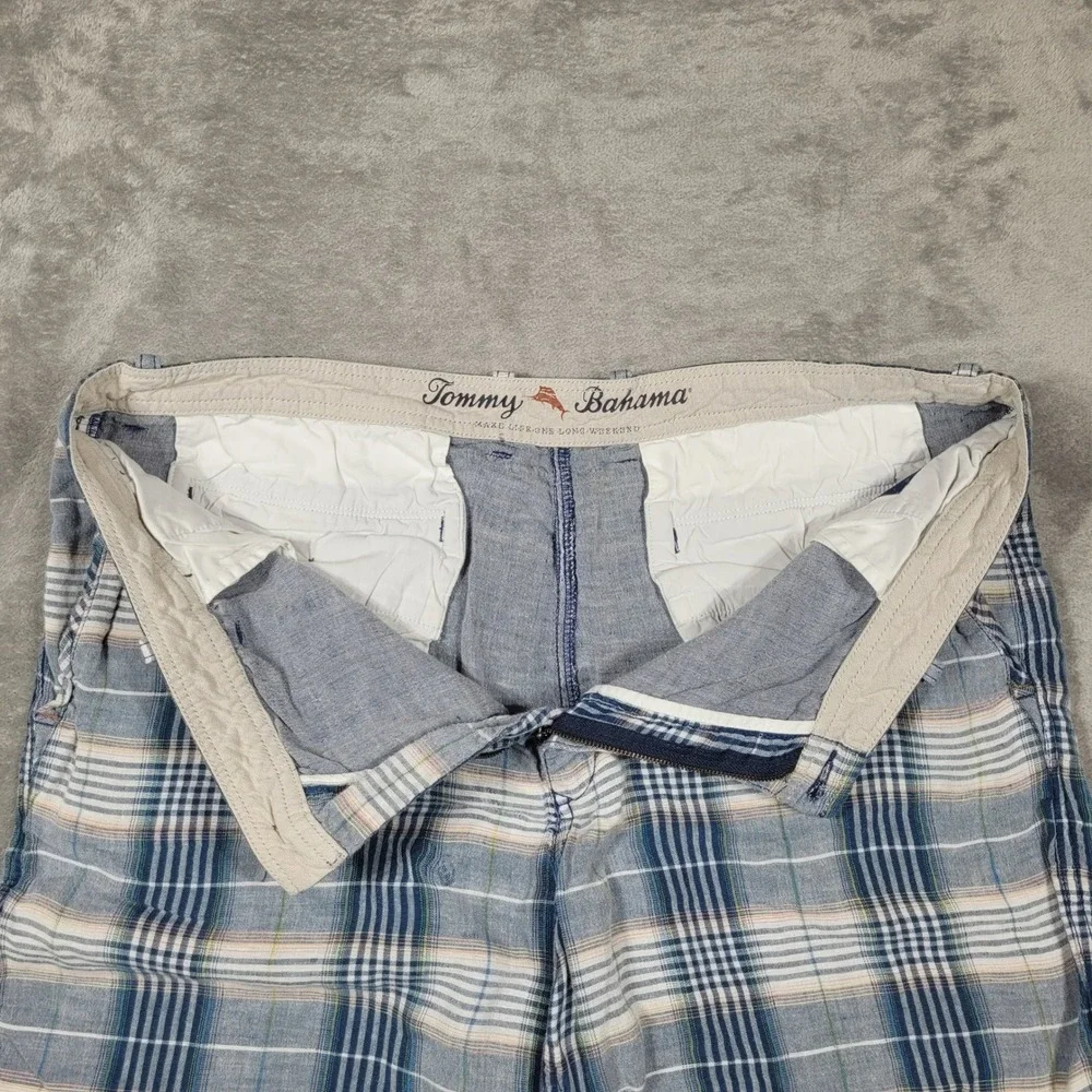 Tommy Bahama Shorts Mens 38 Blue Plaid Linen Tencel Flat Front Casual Island
